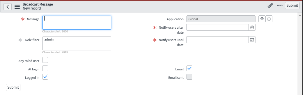 Screenshot of a form for the hidden Megaphone application in ServiceNow