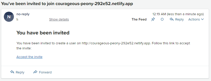 Email from Netlify inviting me to join my blog